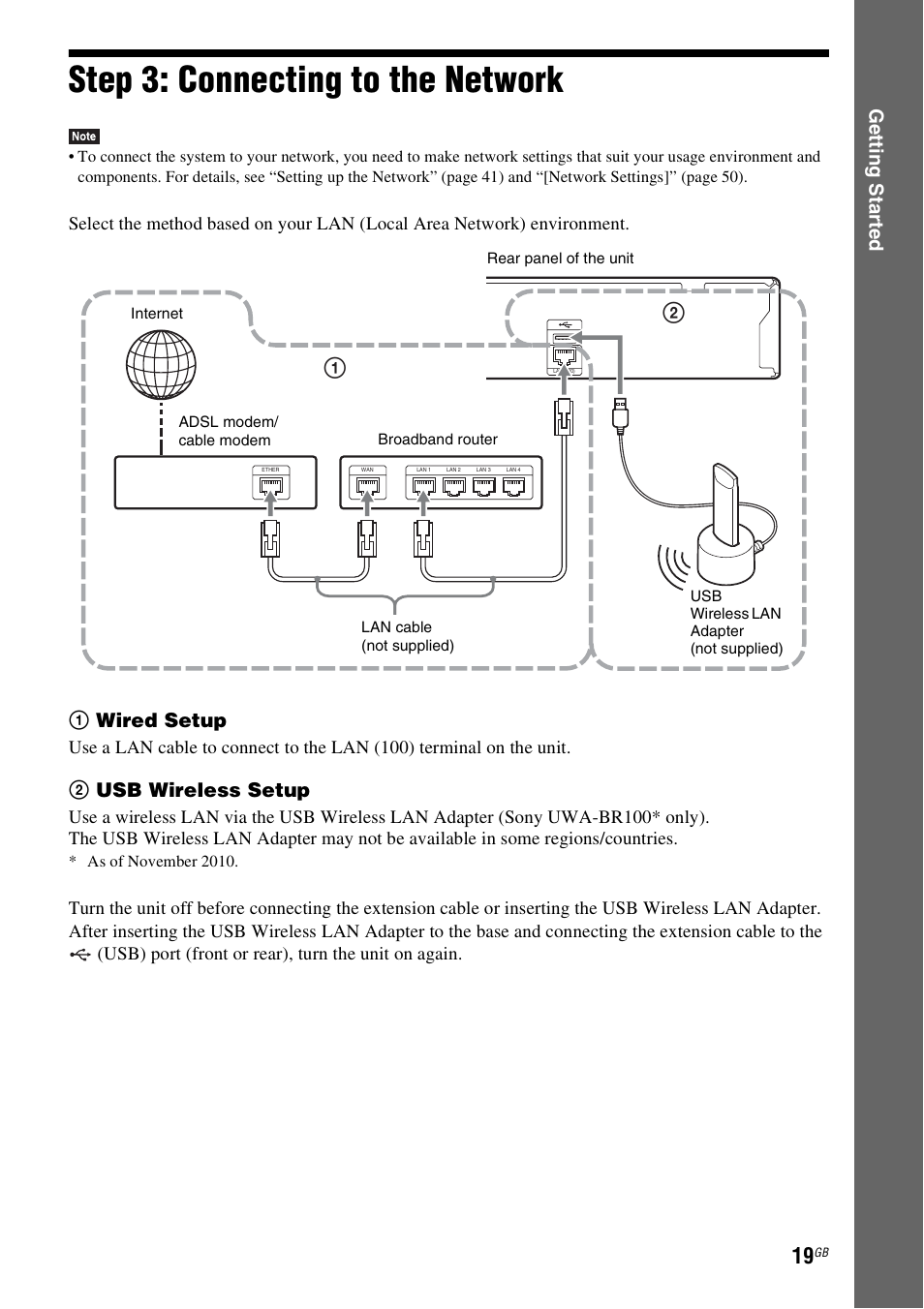 Step 3: connecting to the network, Step 3: connecting to the, Network | E 19), Ge tting star te d, 1wired setup, 2usb wireless setup | Sony BDV-EF200 User Manual | Page 19 / 64