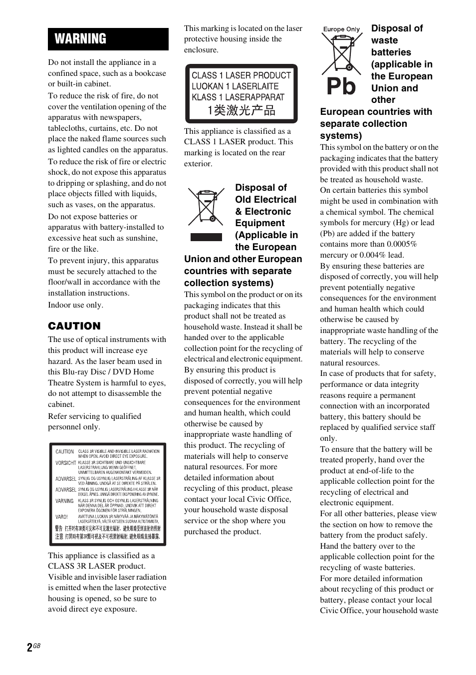 Warning | Sony BDV-EF200 User Manual | Page 2 / 64