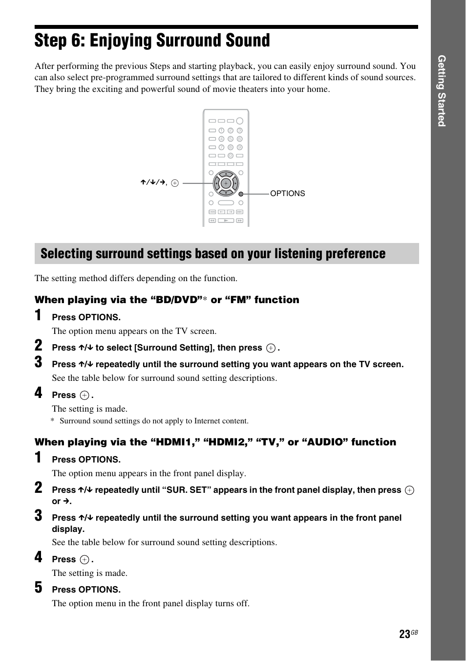 Step 6: enjoying surround sound, Step 6: enjoying surround, Sound | Es 23 | Sony BDV-EF200 User Manual | Page 23 / 64