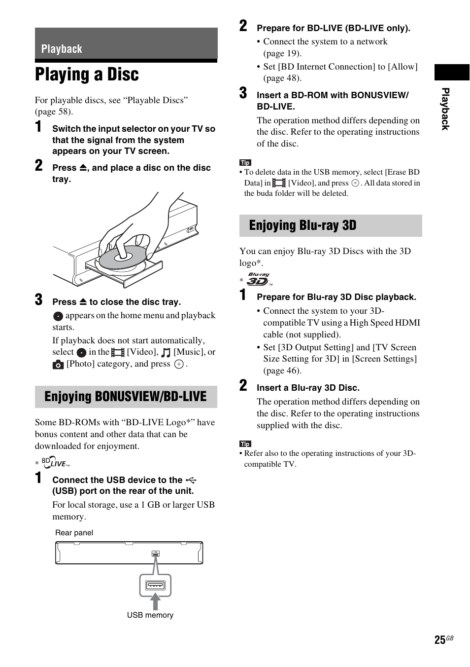 Playback, Playing a disc, Enjoying bonusview/bd-live | Enjoying blu-ray 3d, Es 25 | Sony BDV-EF200 User Manual | Page 25 / 64