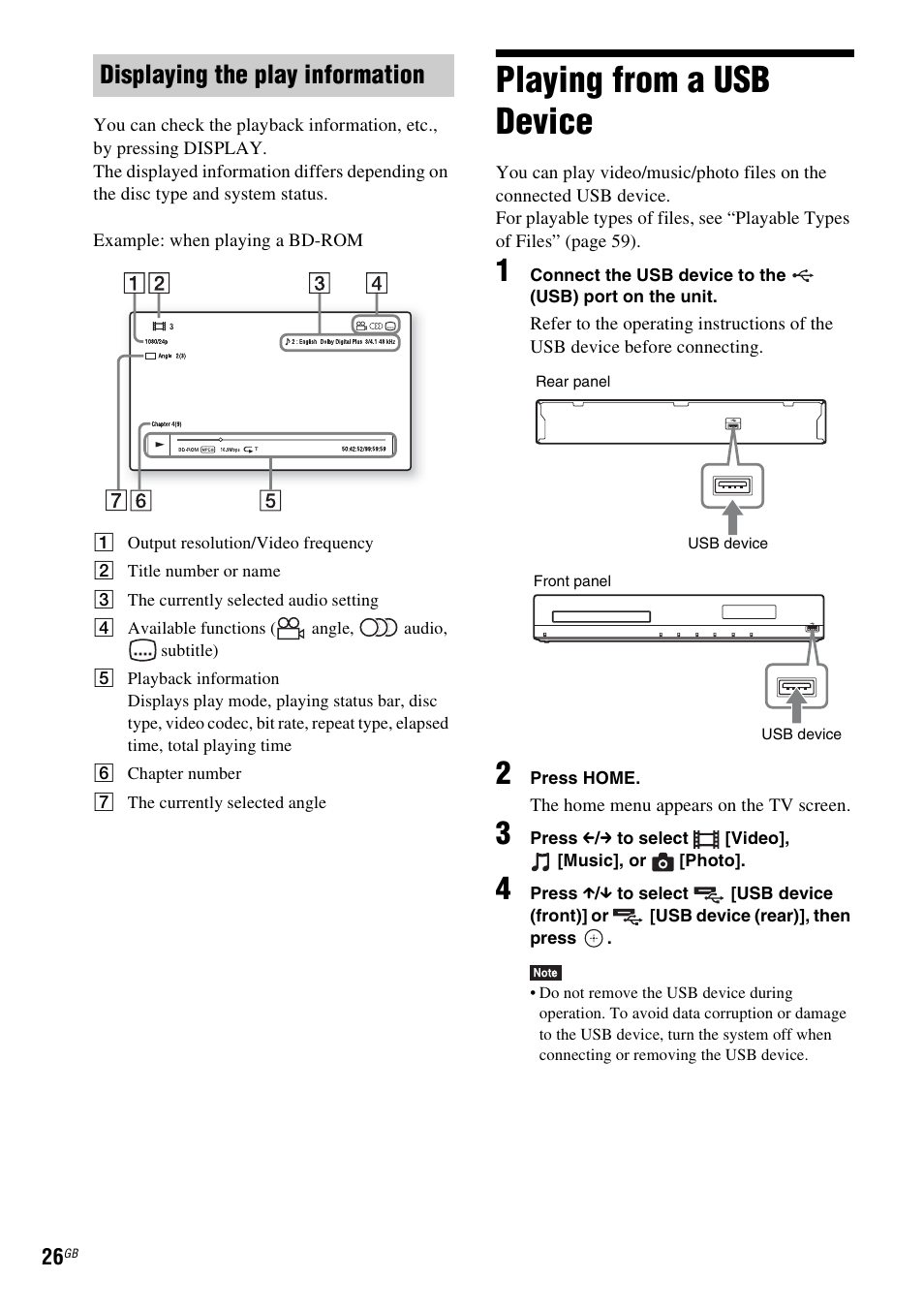 Displaying the play information, Playing from a usb device, E 26) | Sony BDV-EF200 User Manual | Page 26 / 64