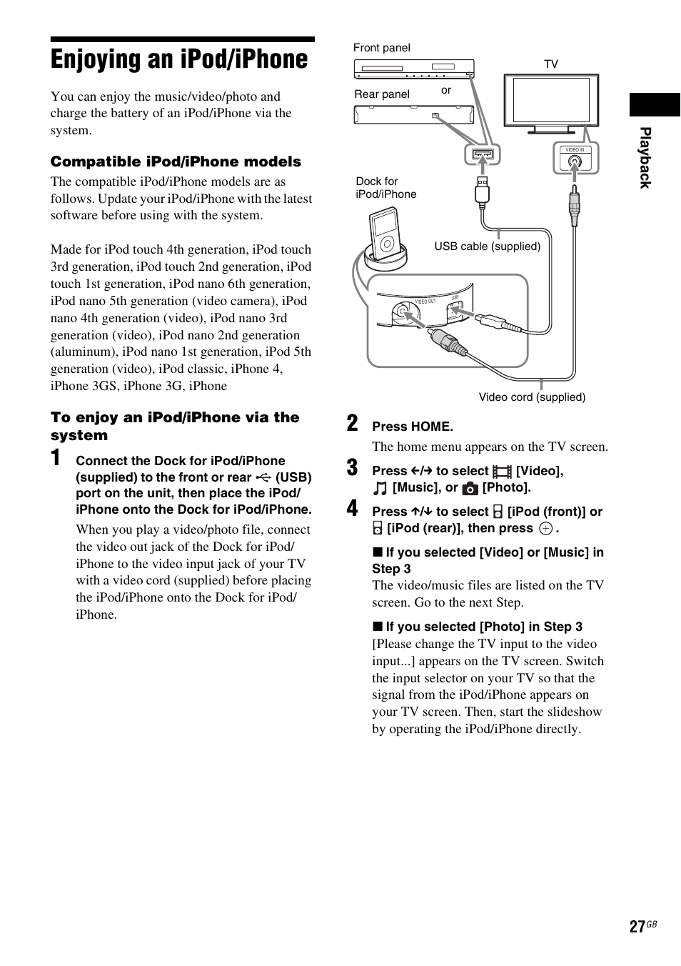 Enjoying an ipod/iphone | Sony BDV-EF200 User Manual | Page 27 / 64