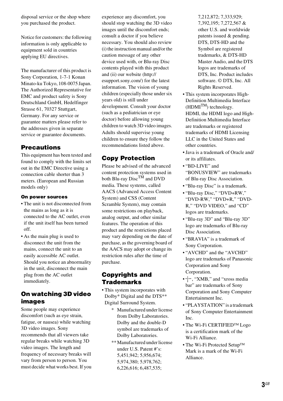 Precautions, On watching 3d video images, Copy protection | Copyrights and trademarks | Sony BDV-EF200 User Manual | Page 3 / 64