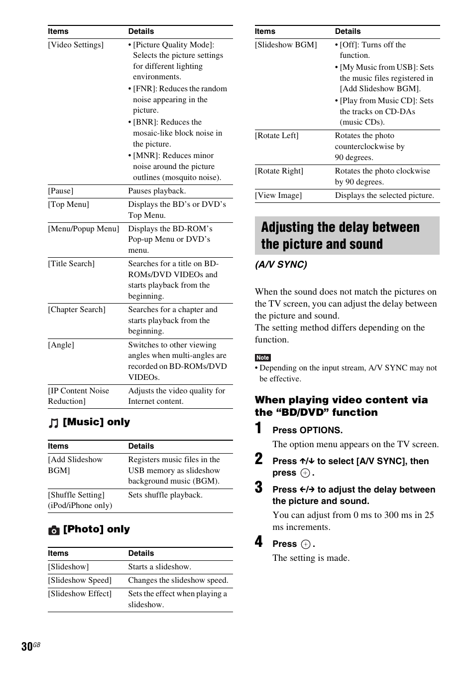 Adjusting the delay between the picture and sound | Sony BDV-EF200 User Manual | Page 30 / 64