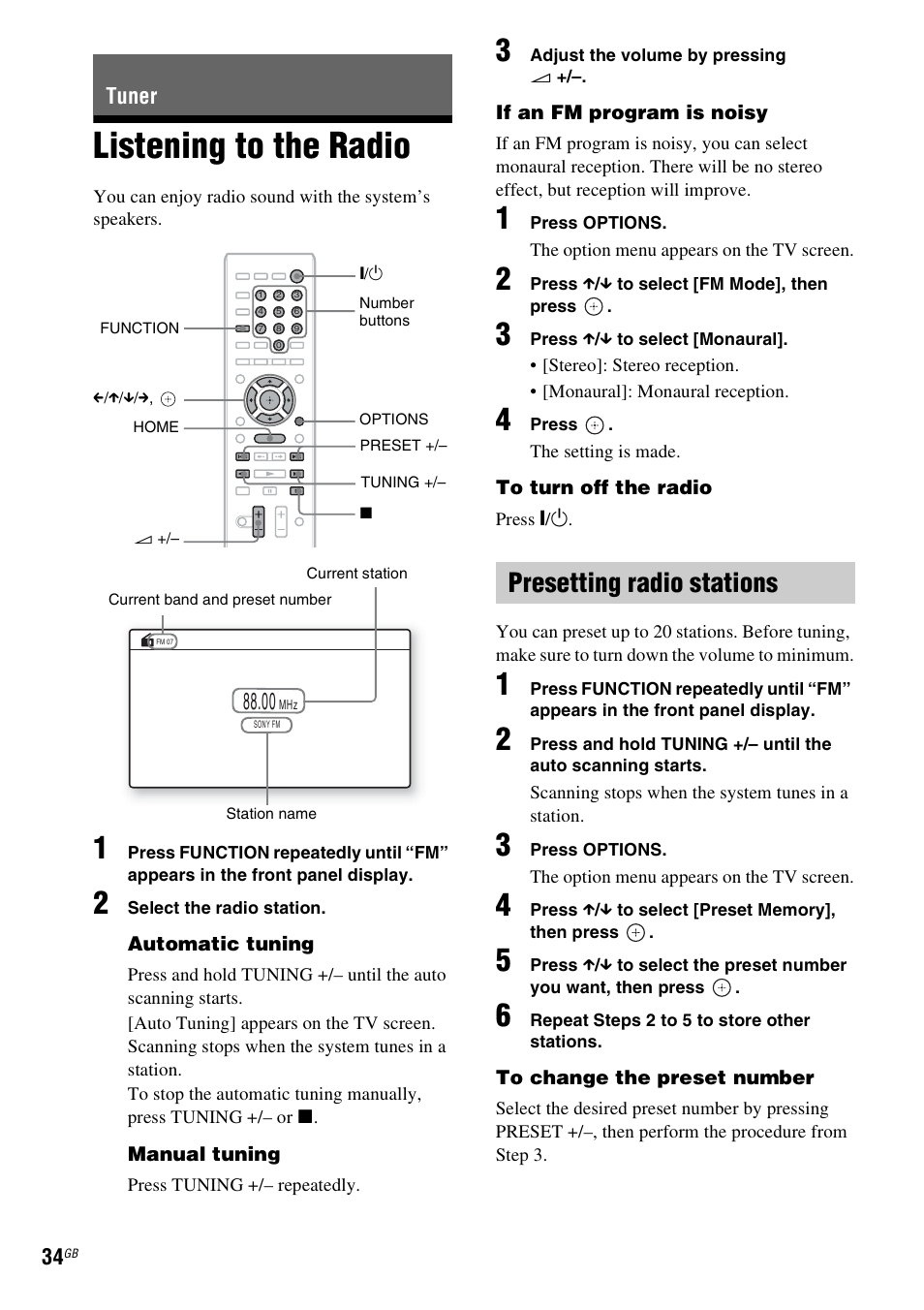 Tuner, Listening to the radio, Presetting radio stations | E 34) | Sony BDV-EF200 User Manual | Page 34 / 64