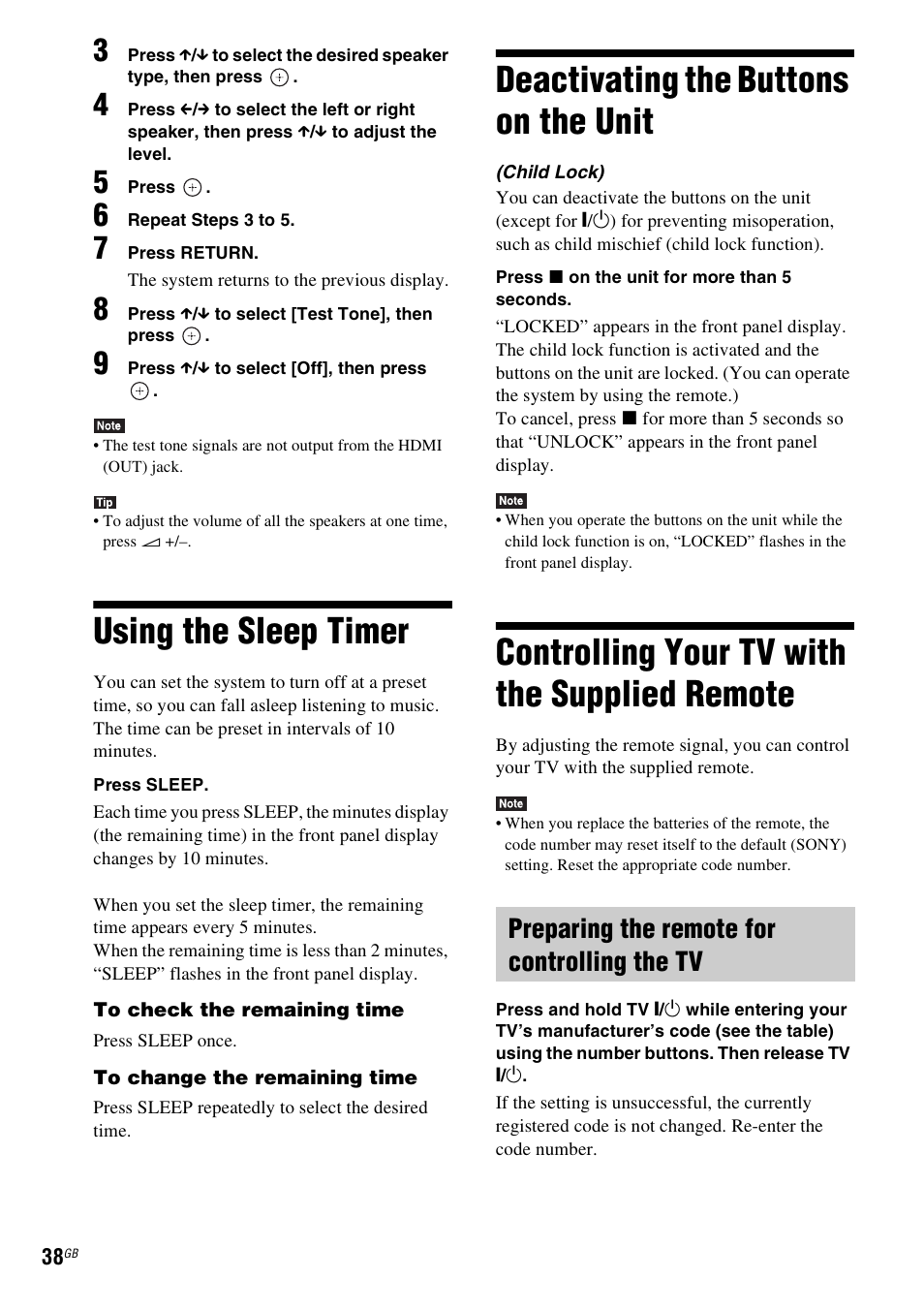 Using the sleep timer, Deactivating the buttons on the unit, Controlling your tv with the supplied remote | Preparing the remote for controlling the tv, Using the sleep timer deactivating the buttons on, The unit, Controlling your tv with the supplied, Remote | Sony BDV-EF200 User Manual | Page 38 / 64