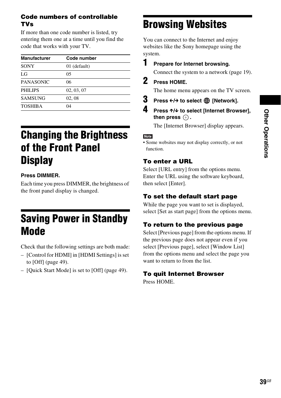 Changing the brightness of the front panel display, Saving power in standby mode, Browsing websites | Changing the brightness of the front, Panel display | Sony BDV-EF200 User Manual | Page 39 / 64