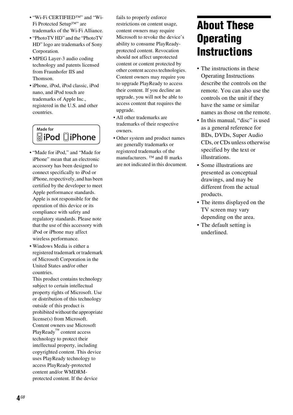 About these operating instructions | Sony BDV-EF200 User Manual | Page 4 / 64