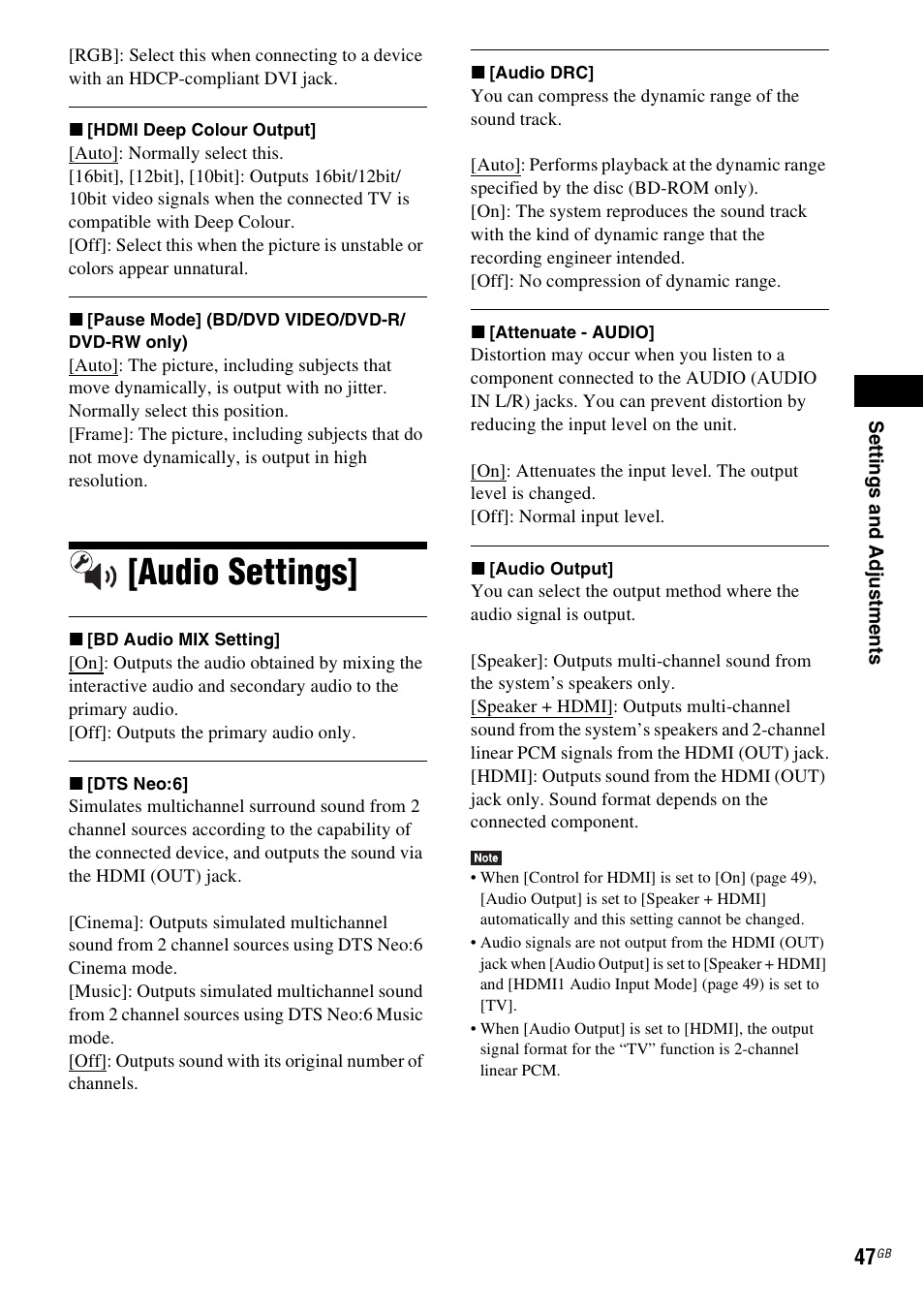 Audio settings | Sony BDV-EF200 User Manual | Page 47 / 64