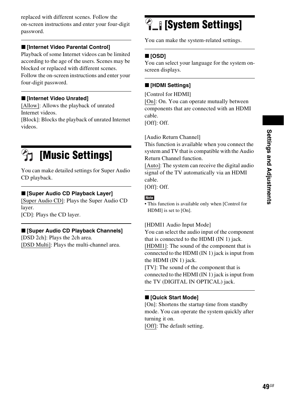 Music settings, System settings, Music settings] [system settings | Sony BDV-EF200 User Manual | Page 49 / 64