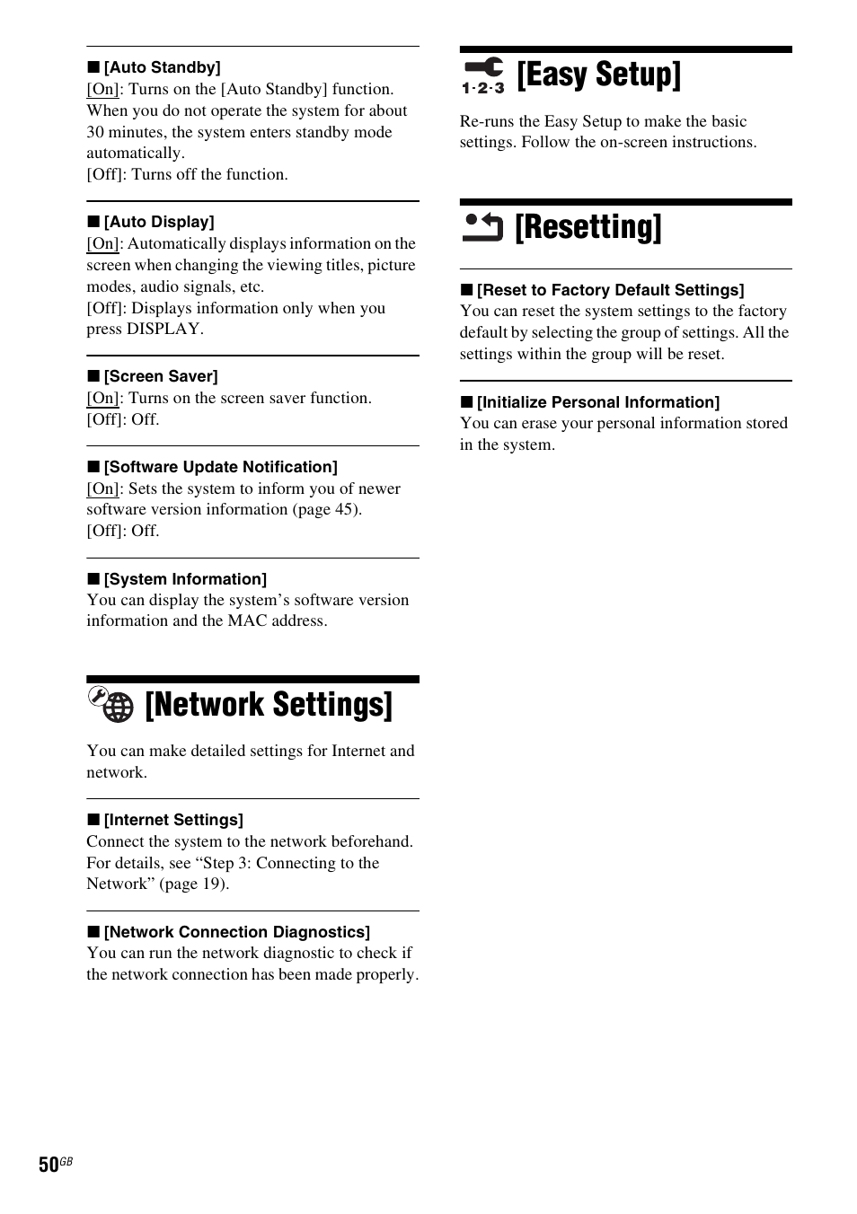 Network settings, Easy setup, Resetting | Network settings] [easy setup] [resetting | Sony BDV-EF200 User Manual | Page 50 / 64