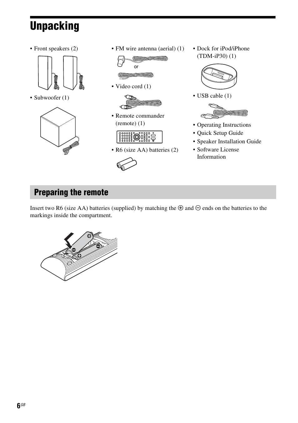 Unpacking, Preparing the remote | Sony BDV-EF200 User Manual | Page 6 / 64