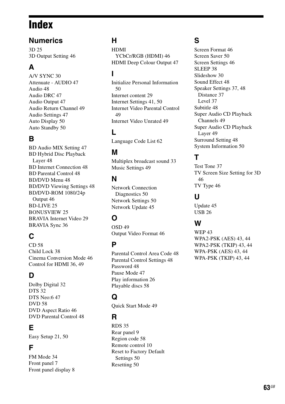Index, Numerics | Sony BDV-EF200 User Manual | Page 63 / 64