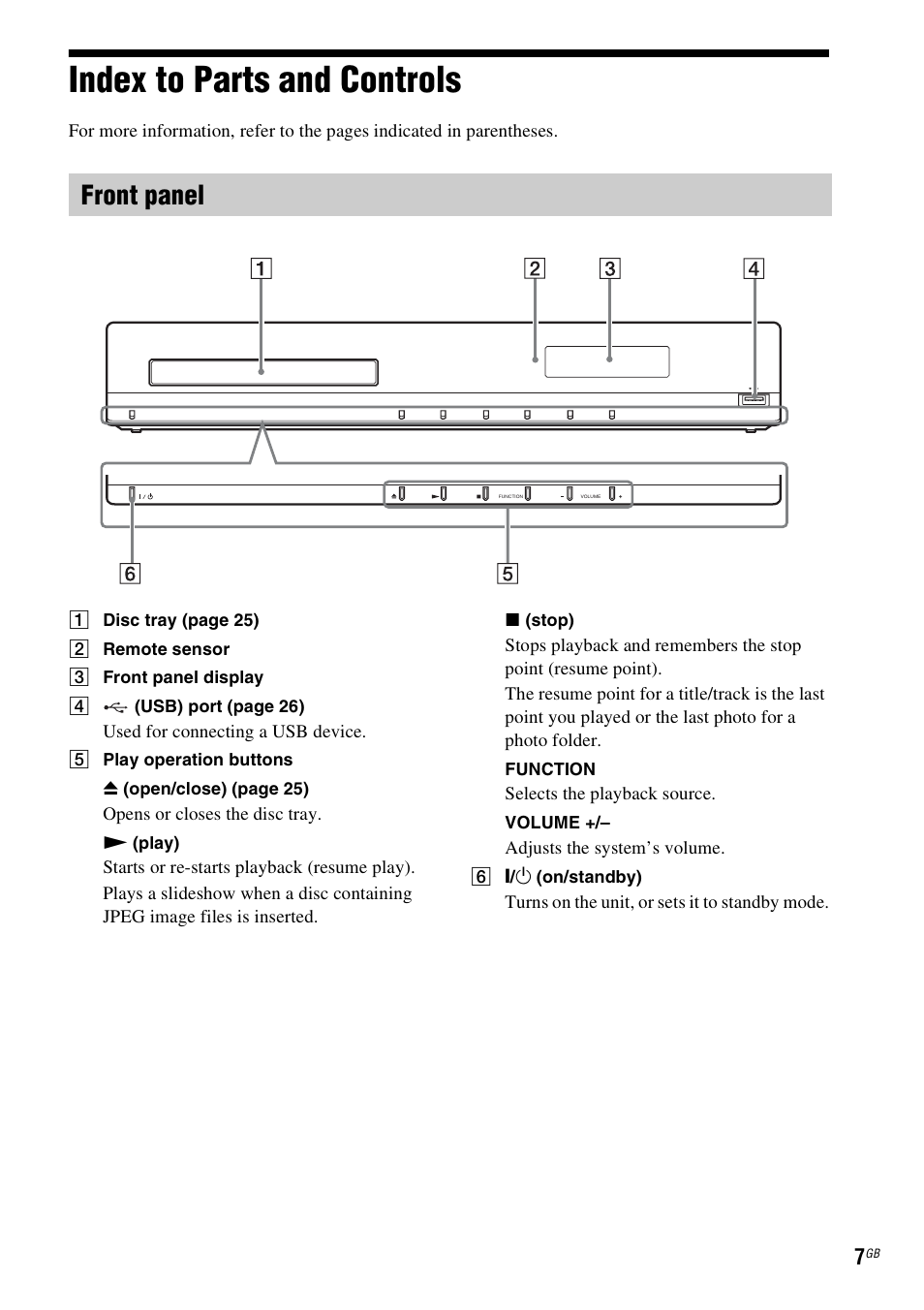 Index to parts and controls, Front panel | Sony BDV-EF200 User Manual | Page 7 / 64