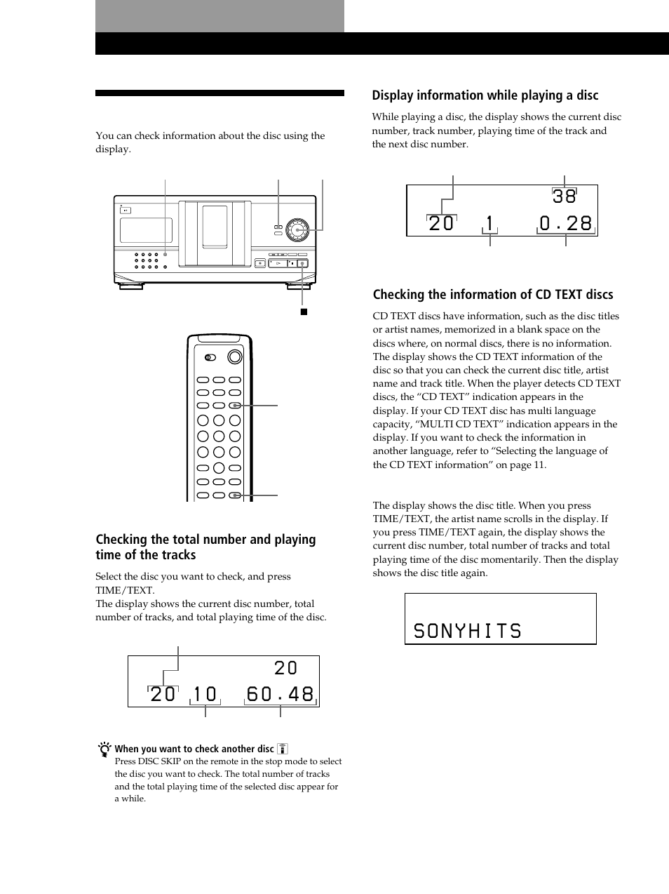 Using the display, Playing cds, Display information while playing a disc | Checking the information of cd text discs | Sony CDP-CX235 User Manual | Page 10 / 104