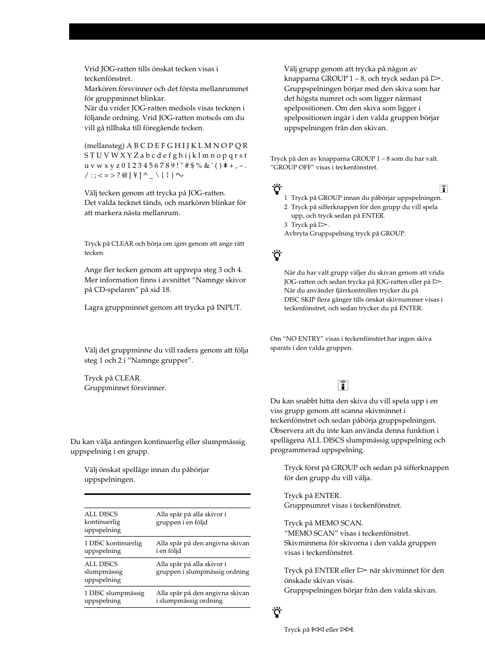 Lagra information om cd-skivor (egna filer), Radera gruppminnet 1, Spela upp skivorna i en grupp (gruppspelning) | Sony CDP-CX235 User Manual | Page 100 / 104