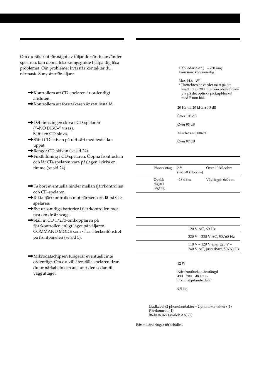 Felsökning, Tekniska data | Sony CDP-CX235 User Manual | Page 103 / 104