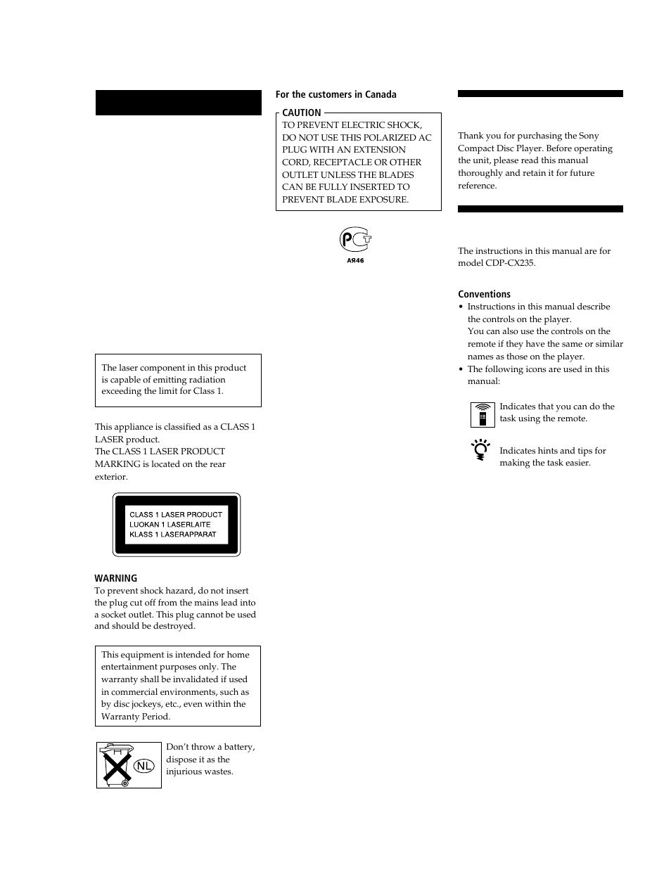 Welcome, About this manual, Warning | Sony CDP-CX235 User Manual | Page 2 / 104