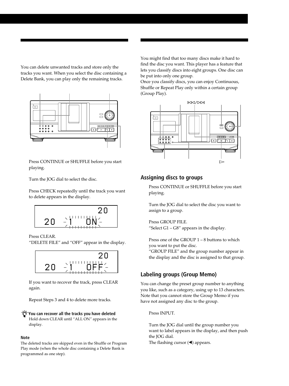 2 0 1 o n, 2 0 1 o f f, Storing specific tracks (delete bank) | Grouping discs (group file) | Sony CDP-CX235 User Manual | Page 21 / 104