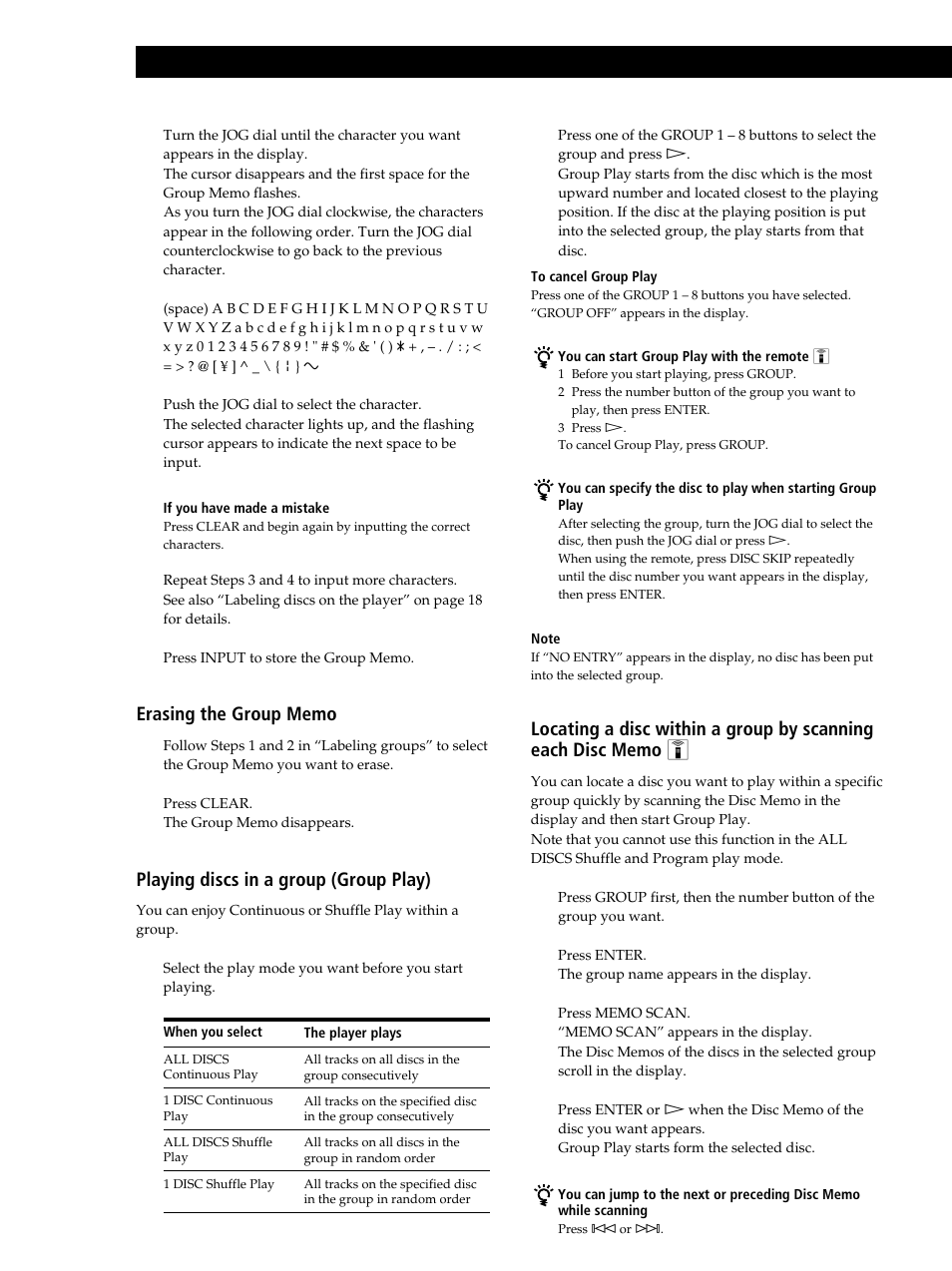 Storing information about cds (custom files), Playing discs in a group (group play) | Sony CDP-CX235 User Manual | Page 22 / 104