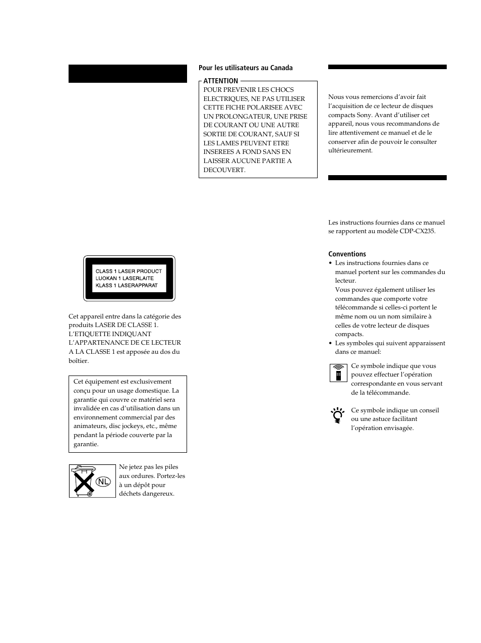 Bienvenue, A propos de ce manuel, Avertissement | Sony CDP-CX235 User Manual | Page 28 / 104