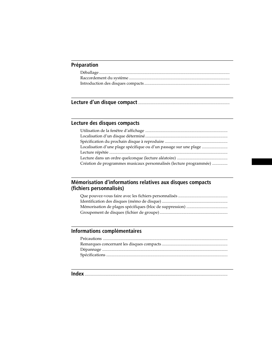 Able des matieres | Sony CDP-CX235 User Manual | Page 29 / 104