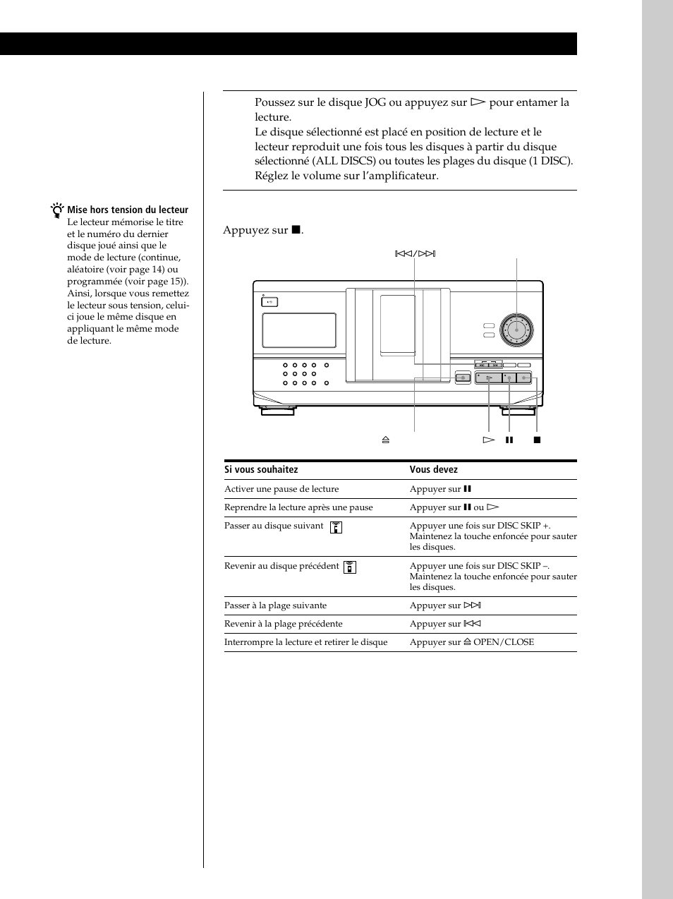 Pour arrêter la lecture, Appuyez sur p, Mise hors tension du lecteur | Si vous souhaitez, Vous devez | Sony CDP-CX235 User Manual | Page 35 / 104