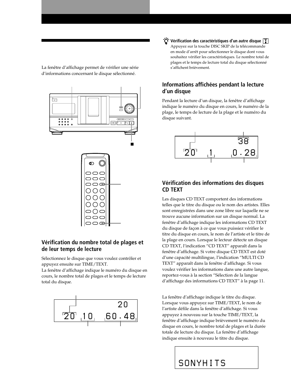 Utilisation de la fenêtre d’affichage, Lecture des disques compacts, Vérification des informations des disques cd text | Sony CDP-CX235 User Manual | Page 36 / 104