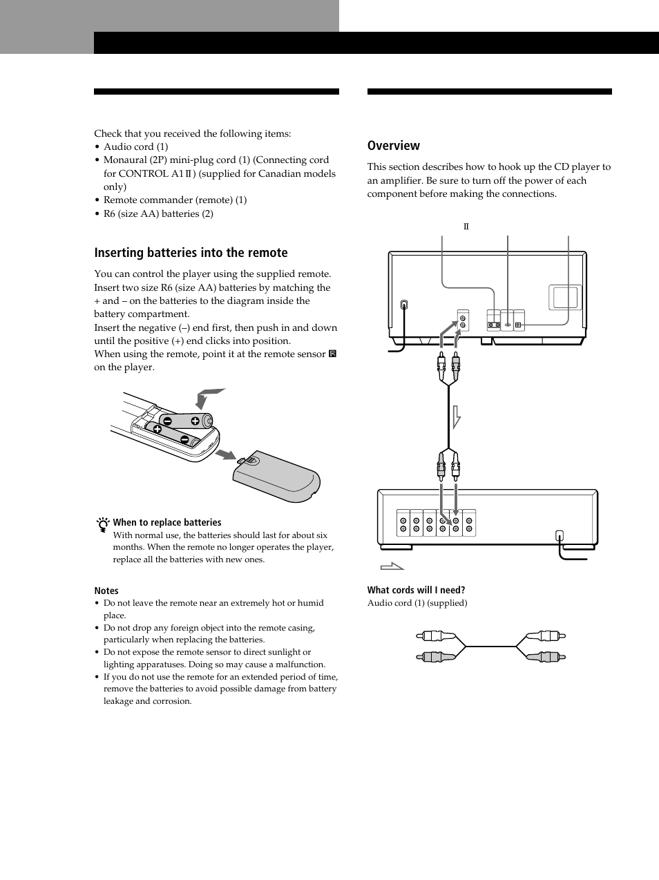 Hooking up the system, Unpacking, Getting started | Overview, Inserting batteries into the remote | Sony CDP-CX235 User Manual | Page 4 / 104