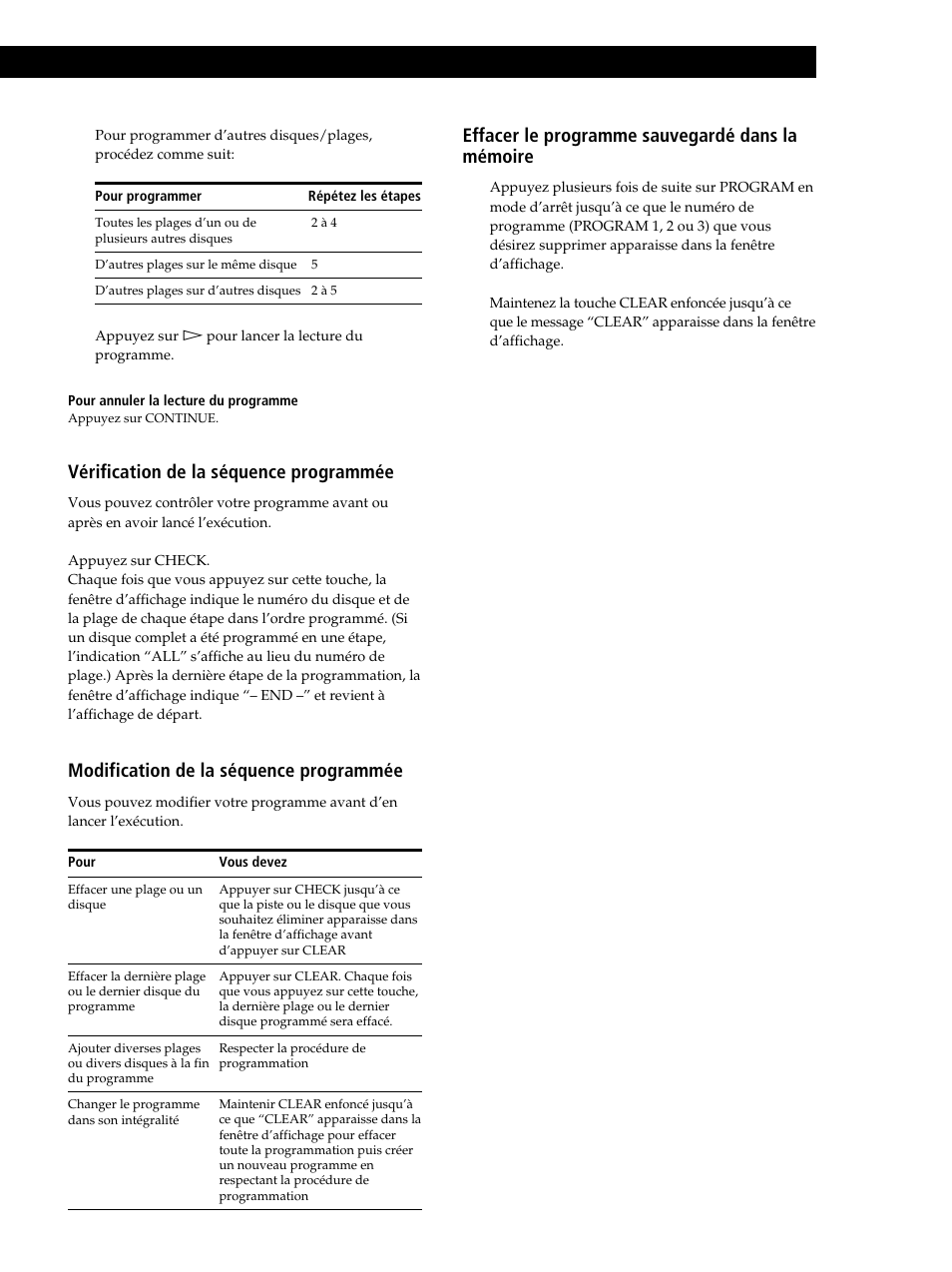 Vérification de la séquence programmée, Modification de la séquence programmée, Effacer le programme sauvegardé dans la mémoire 1 | Sony CDP-CX235 User Manual | Page 43 / 104