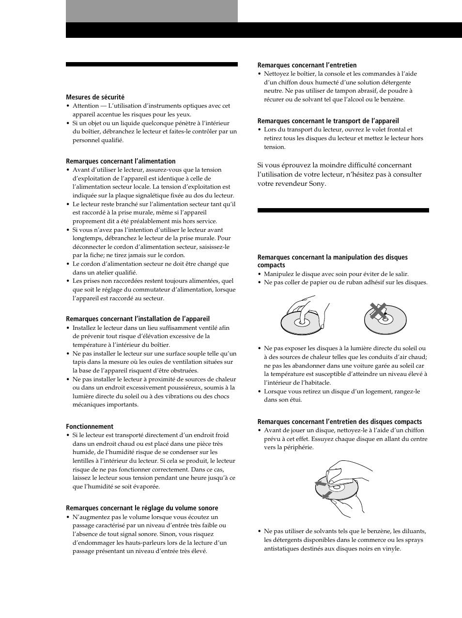 Remarques concernant les disques compacts, Précautions, Informations complémentaires | Sony CDP-CX235 User Manual | Page 50 / 104