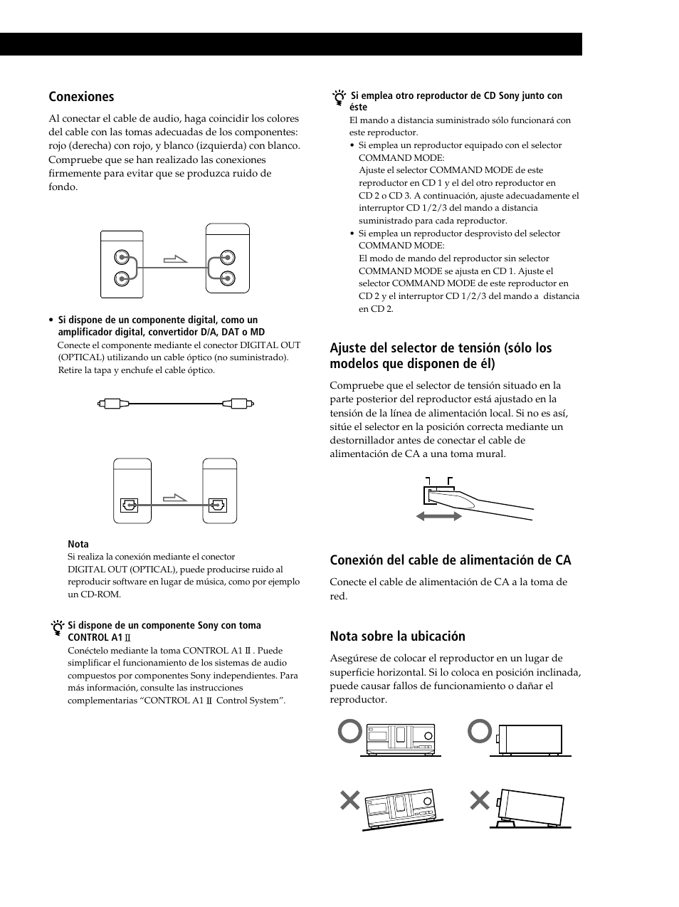 Conexiones, Conexión del cable de alimentación de ca, Nota sobre la ubicación | Sony CDP-CX235 User Manual | Page 57 / 104