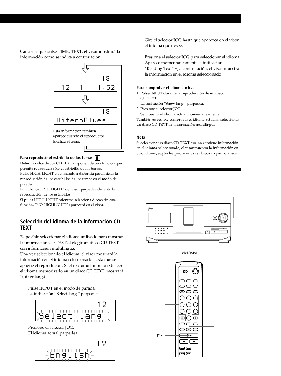 Localización de un disco específico, Selección del idioma de la información cd text | Sony CDP-CX235 User Manual | Page 63 / 104