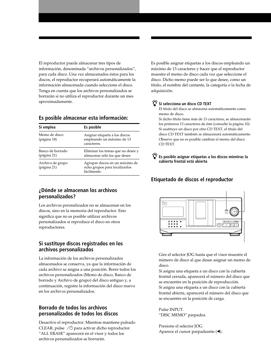 Funciones de los archivos personalizados, Es posible almacenar esta información, Dónde se almacenan los archivos personalizados | Etiquetado de discos el reproductor 1 | Sony CDP-CX235 User Manual | Page 70 / 104