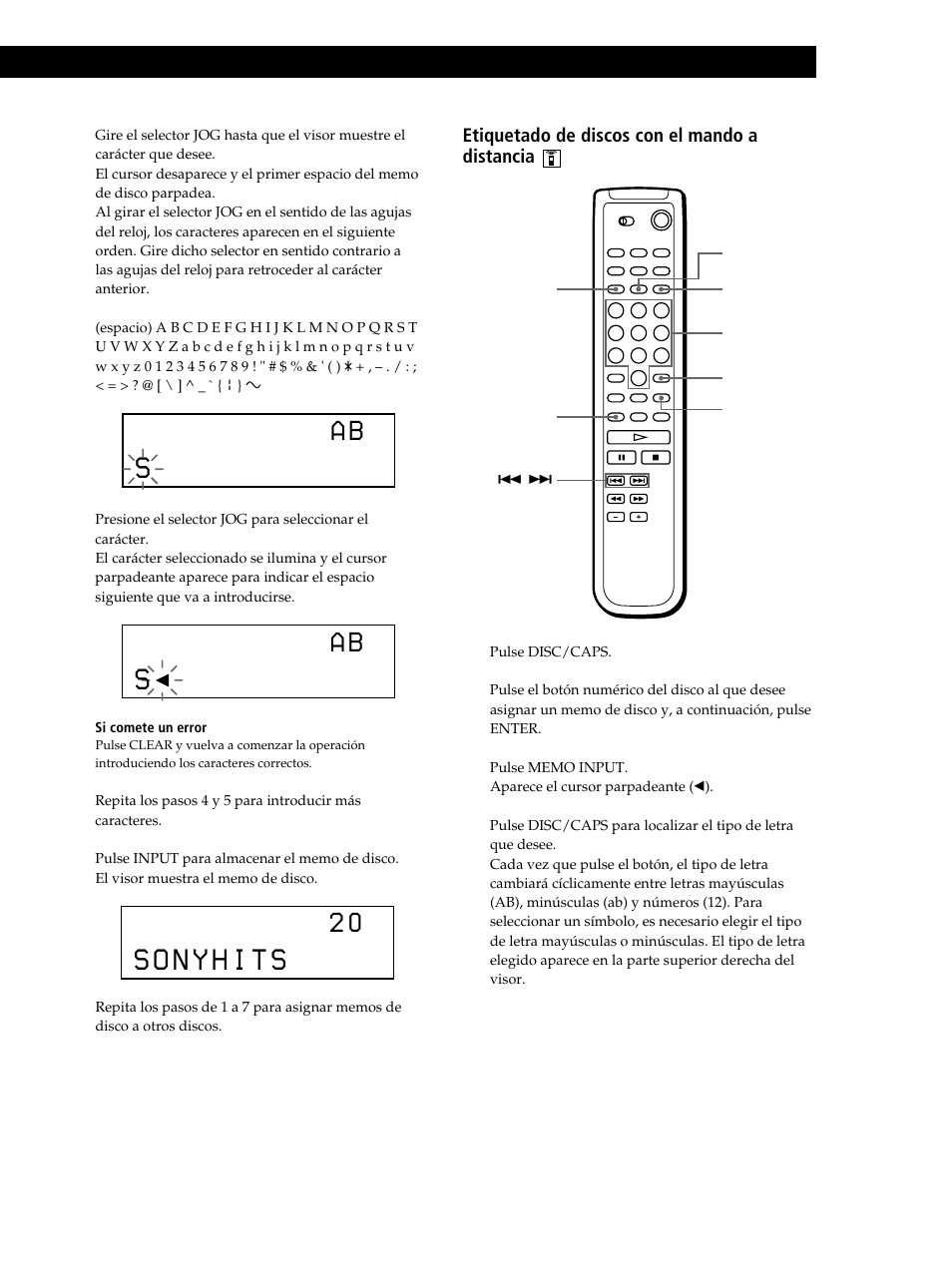 Locating a scene or track you want, Etiquetado de discos con el mando a distancia | Sony CDP-CX235 User Manual | Page 71 / 104