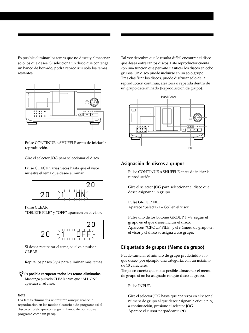 2 0 1 o n, 2 0 1 o f f, Agrupación de discos (archivo de grupo) | Sony CDP-CX235 User Manual | Page 73 / 104