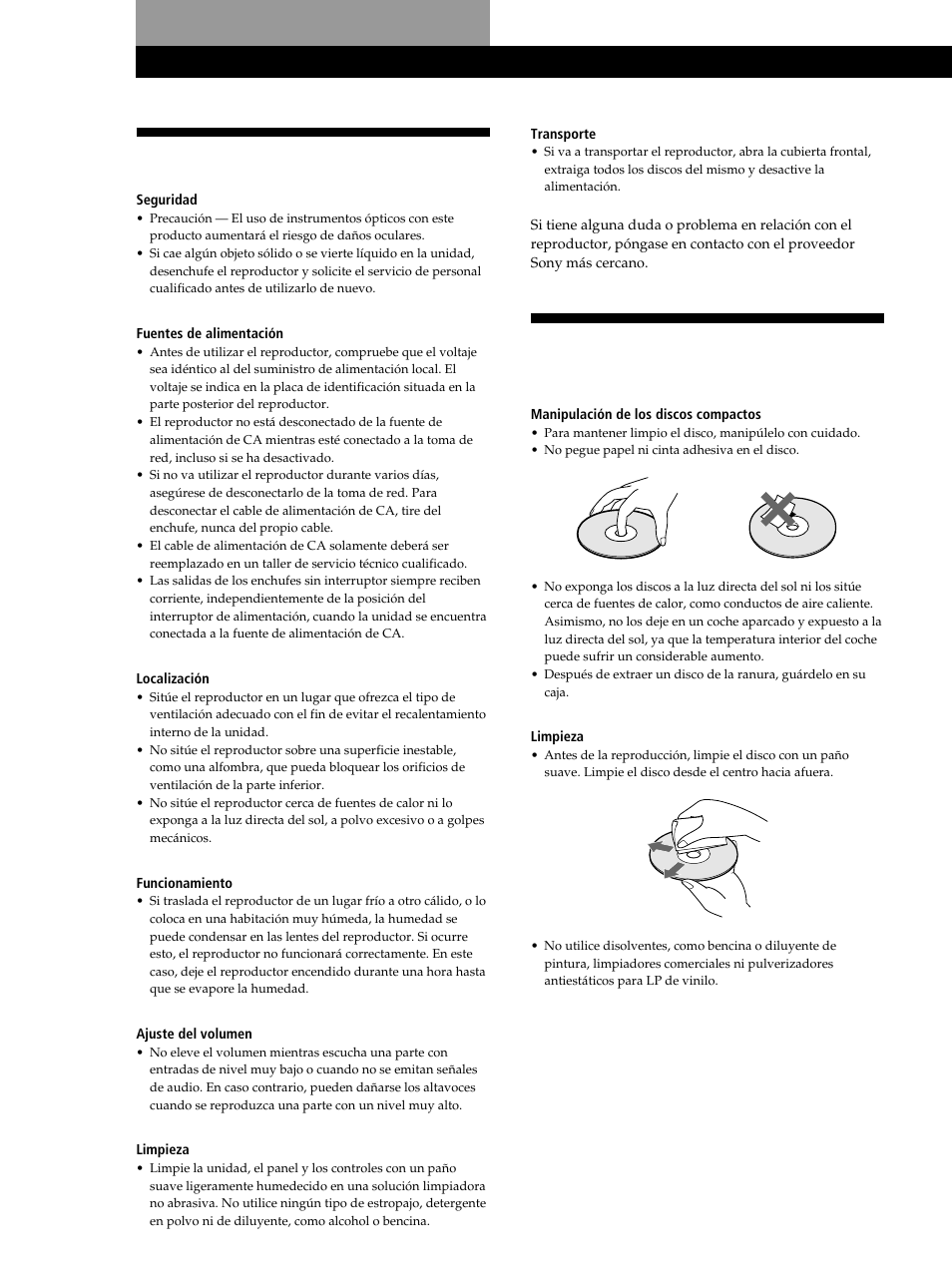 Notas sobre los discos compactos, Precauciones, Información adicional | Sony CDP-CX235 User Manual | Page 76 / 104