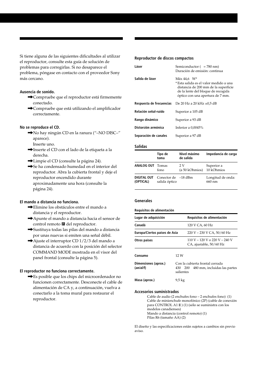 Especificaciones, Solución de problemas, Playing cds in various modes | Información adicional | Sony CDP-CX235 User Manual | Page 77 / 104