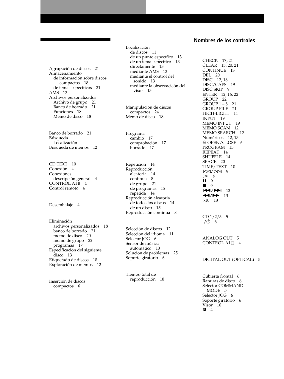 Indice alfabético, Información adicional, Nombres de los controles botones | Interruptores, Tomas, Conectores, Otros, E, f, g, h, I, j, k, Indice alfabético l | Sony CDP-CX235 User Manual | Page 78 / 104