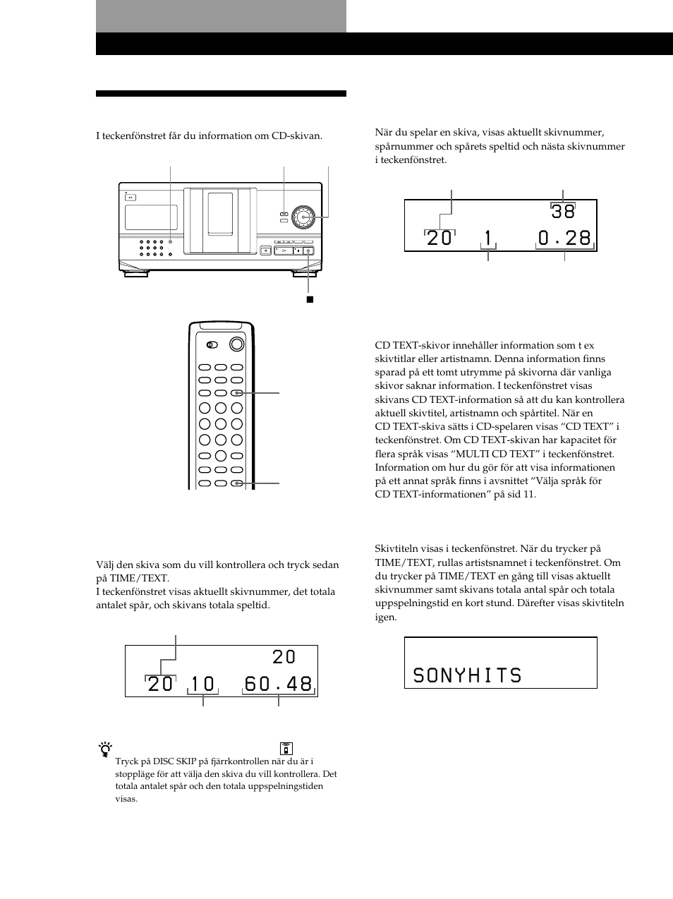 Teckenfönstret, Spela upp en cd-skiva, Kontrollera total speltid och totalt antal spår | Visa information samtidigt som en skiva spelas, Kontrollera informationen på cd text- skivor | Sony CDP-CX235 User Manual | Page 88 / 104