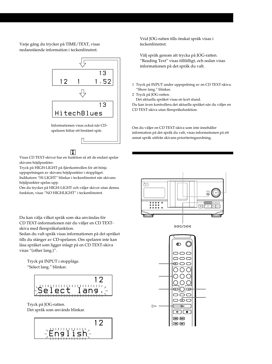 Hitta en bestämd skiva, Playing cds getting started spela upp en cd-skiva, Välja språk för cd text-informationen | Sony CDP-CX235 User Manual | Page 89 / 104