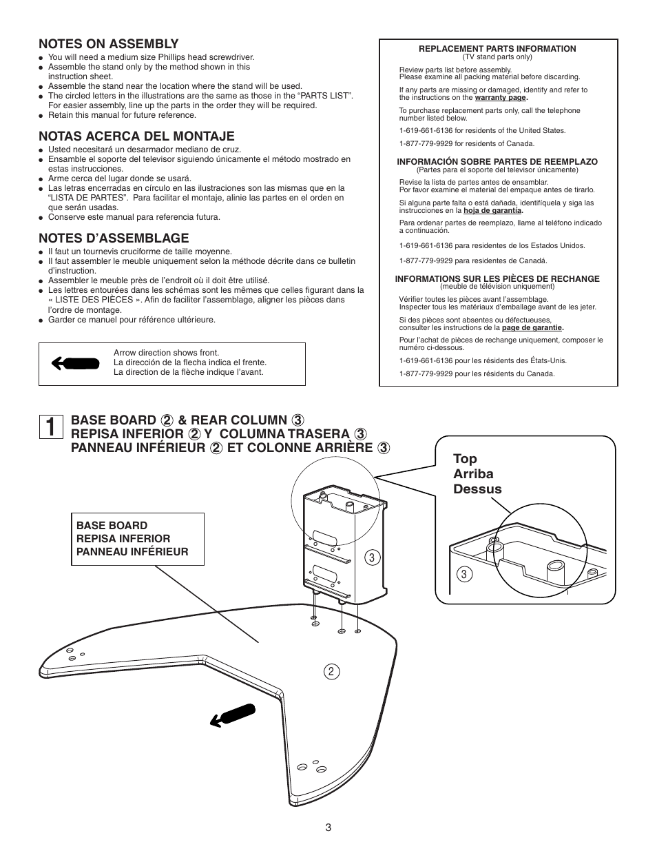 Notas acerca del montaje, Base board repisa inferior panneau inférieur | Sony SU-30HX1 User Manual | Page 3 / 16