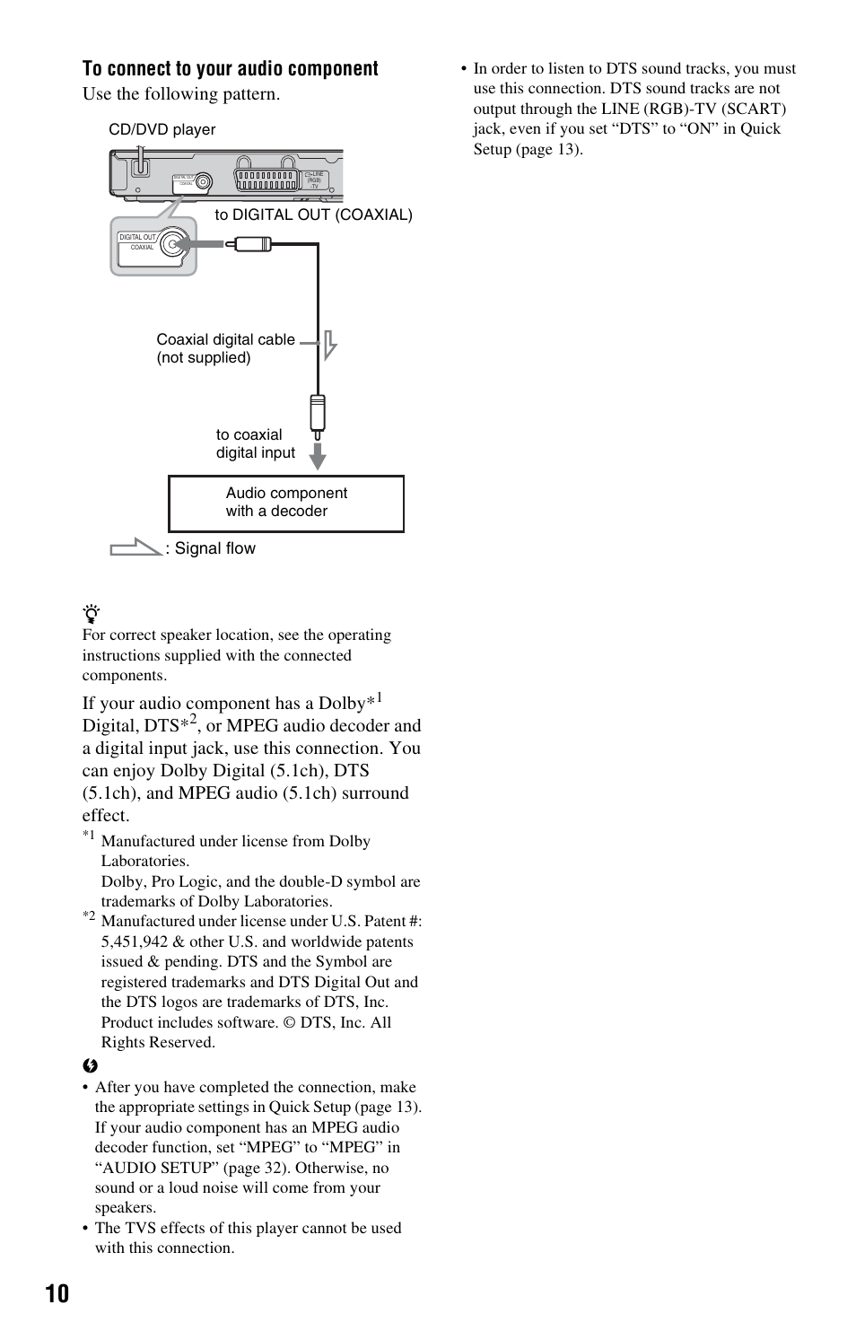 Use the following pattern, If your audio component has a dolby, Digital, dts | Sony 4-115-669-14(1) User Manual | Page 10 / 40