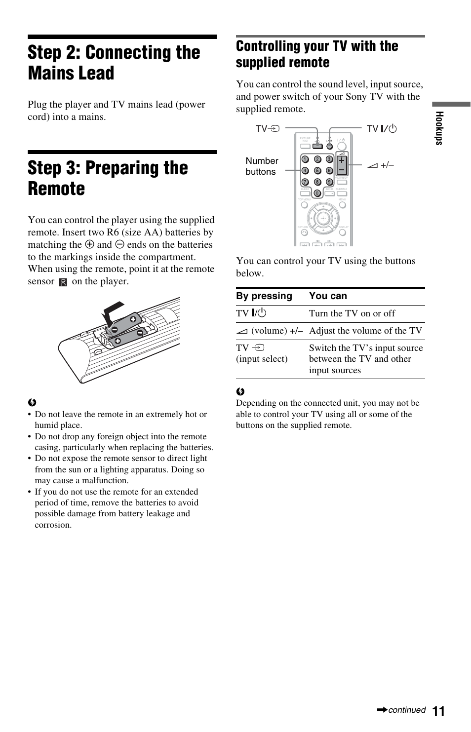 Step 2: connecting the mains lead, Step 3: preparing the remote, Controlling your tv with the supplied remote | R) (11) | Sony 4-115-669-14(1) User Manual | Page 11 / 40