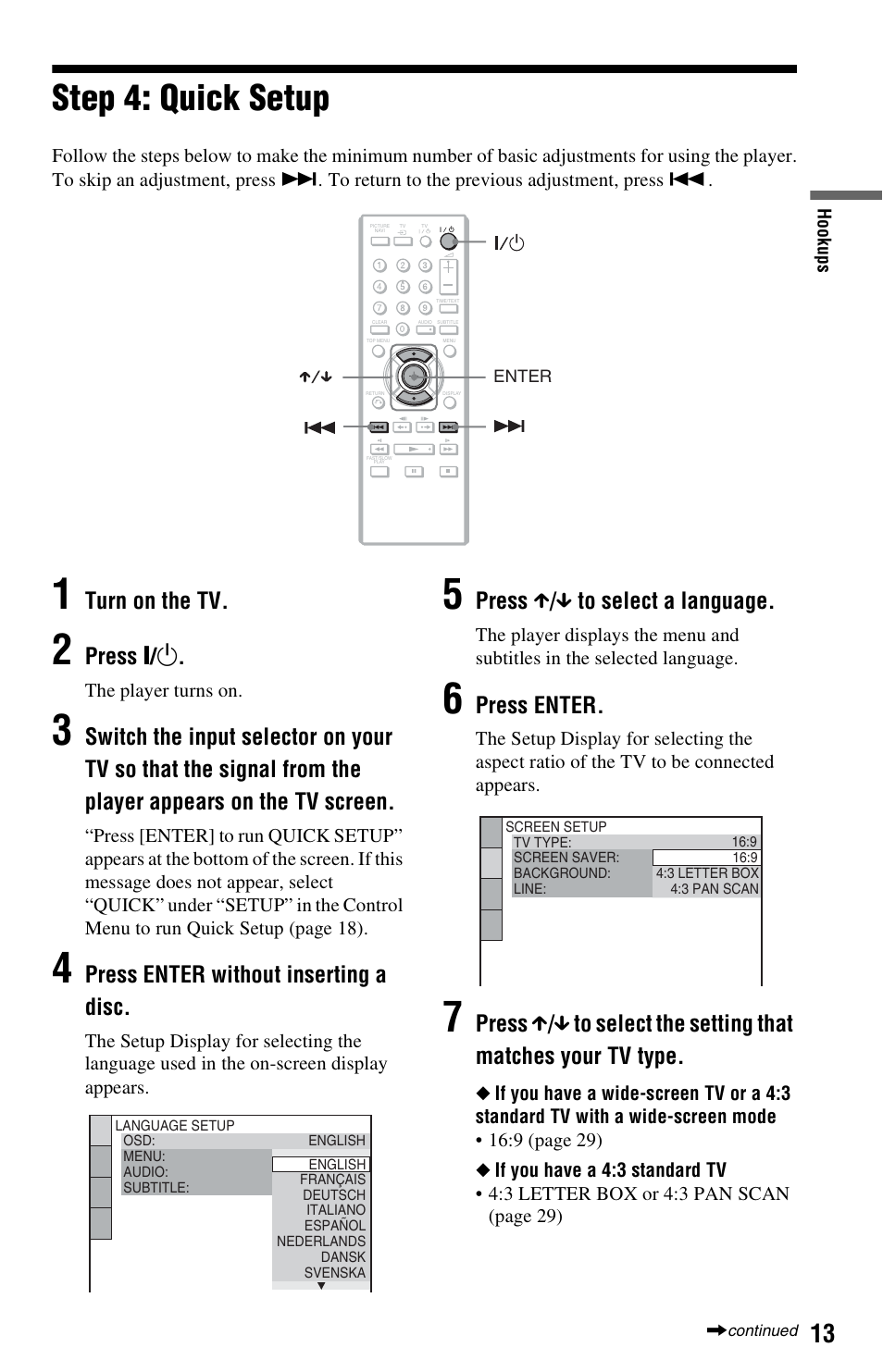 Step 4: quick setup, Turn on the tv, Press [ / 1 | Press enter without inserting a disc, Press x / x to select a language, Press enter | Sony 4-115-669-14(1) User Manual | Page 13 / 40