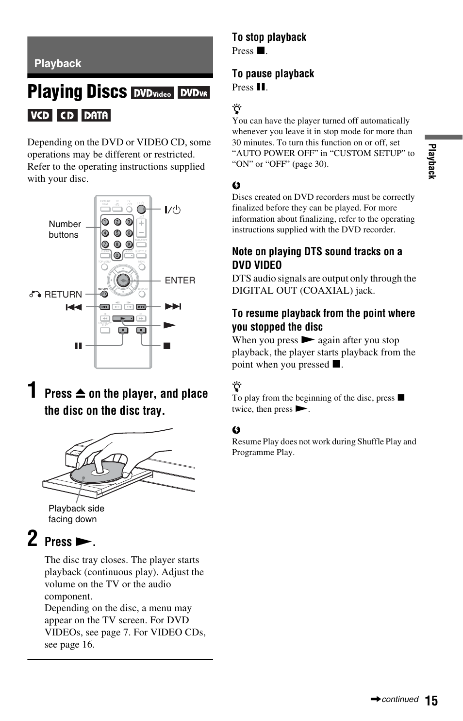 Playback, Playing discs, Disc tray (15) | Press n | Sony 4-115-669-14(1) User Manual | Page 15 / 40