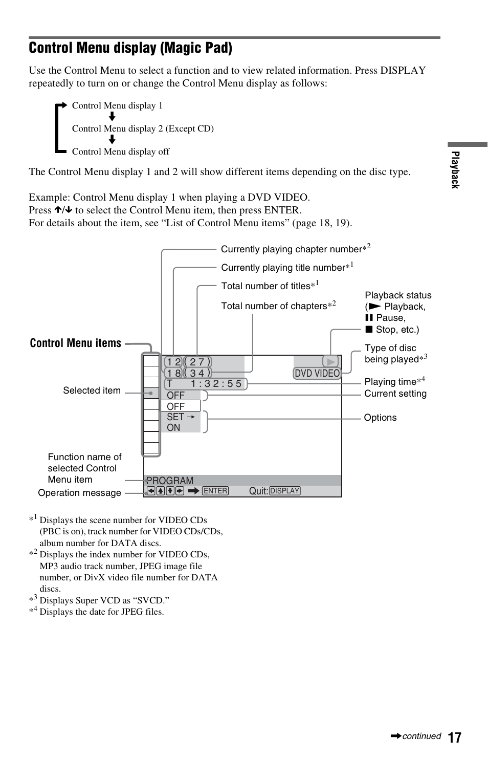 Control menu display (magic pad), Control menu items | Sony 4-115-669-14(1) User Manual | Page 17 / 40