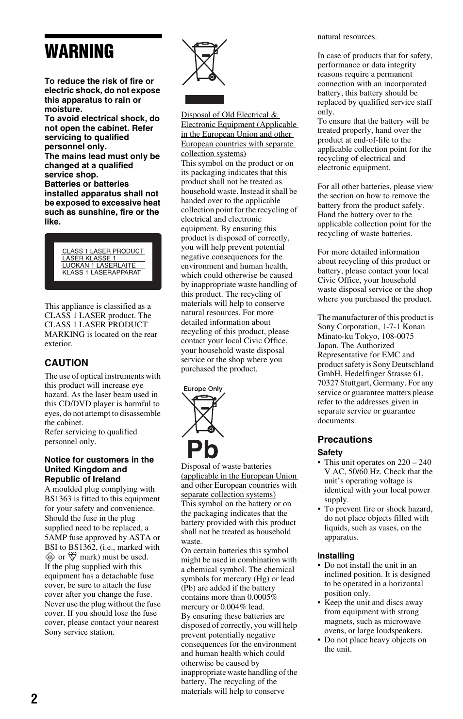Warning | Sony 4-115-669-14(1) User Manual | Page 2 / 40