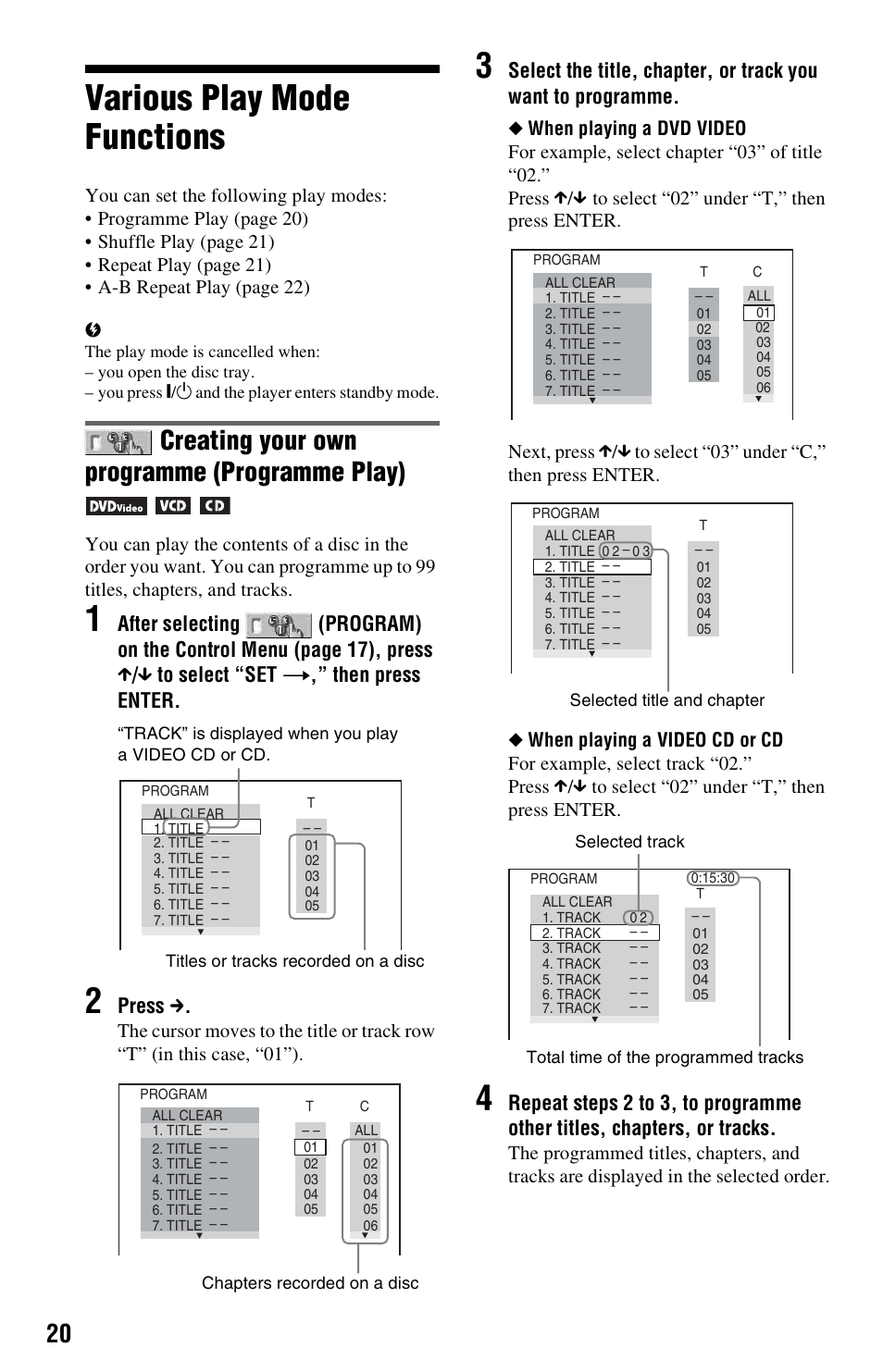 Various play mode functions, Creating your own programme (programme play) | Sony 4-115-669-14(1) User Manual | Page 20 / 40