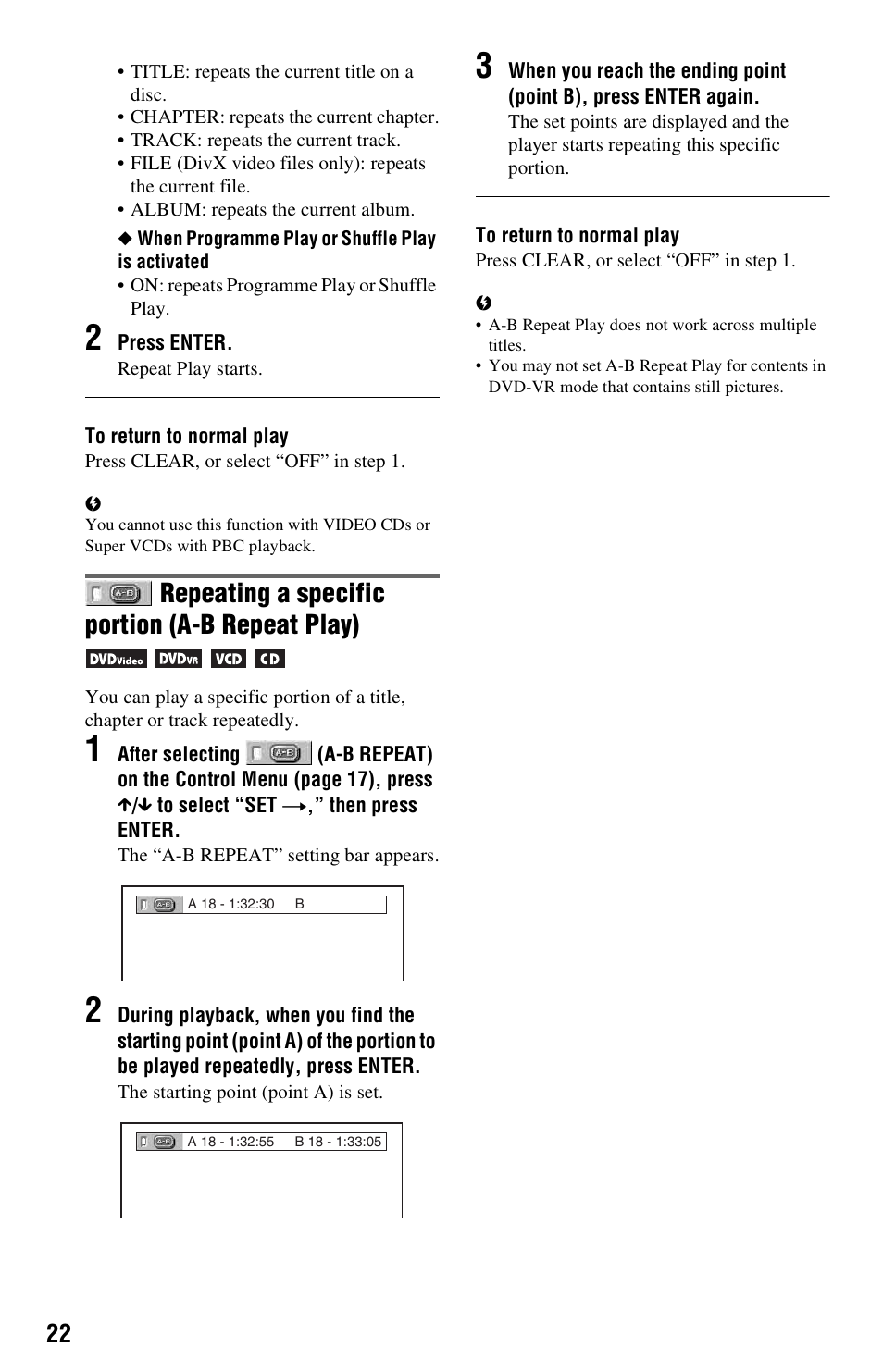 Repeating a specific portion (a-b repeat play) | Sony 4-115-669-14(1) User Manual | Page 22 / 40